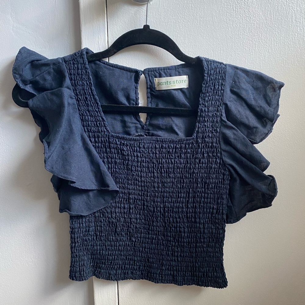 Blue Smocked Ruffle Sleeve Blouse